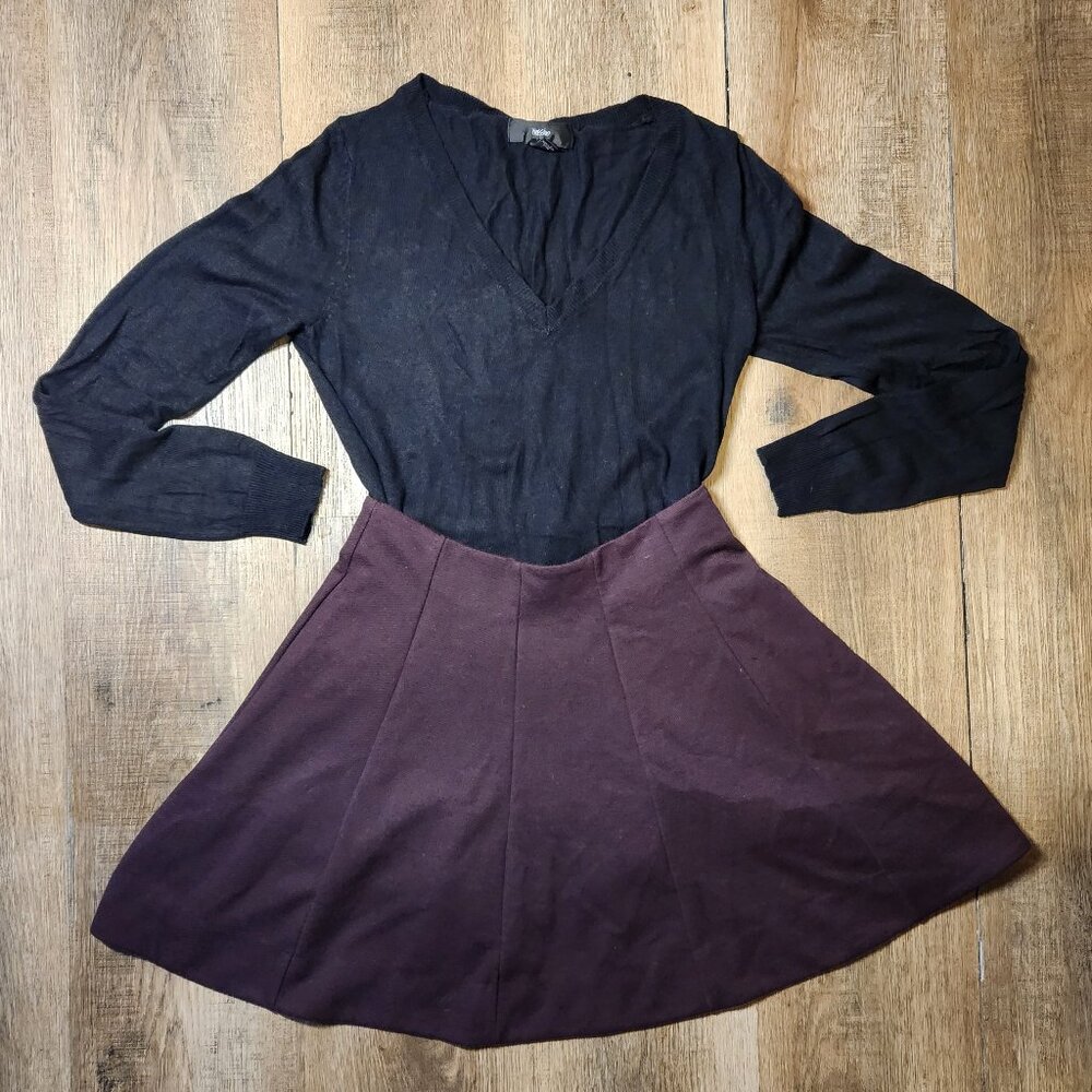 ✨STYLED BUNDLE!✨ V-Neck Top A-Line Mini Skirt Skater Skirt Black Burgundy-XS/S